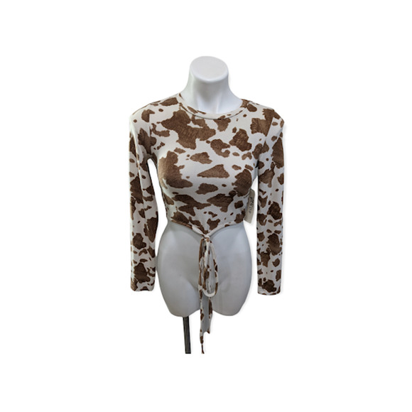 New Le Lis Collection Size XS Cropped Sweater Cow Print Brown White Lightweight - Picture 1 of 9